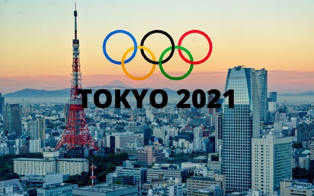 Visuale della città giapponese di Tokyo vista dall'alto con loto delle olimpiadi 2021